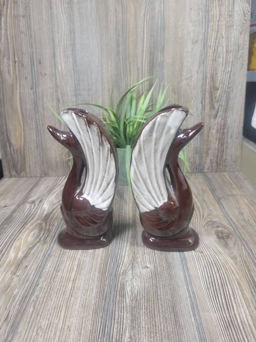 Vintage MCM Brown Drip Redware Swan Vases Art Deco Pottery Figurines Set 8-1/4"